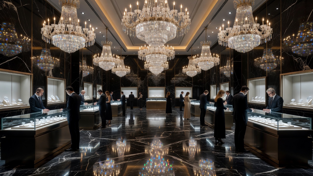 A luxurious international diamond exchange with polished black marble floors and crystal chandeliers