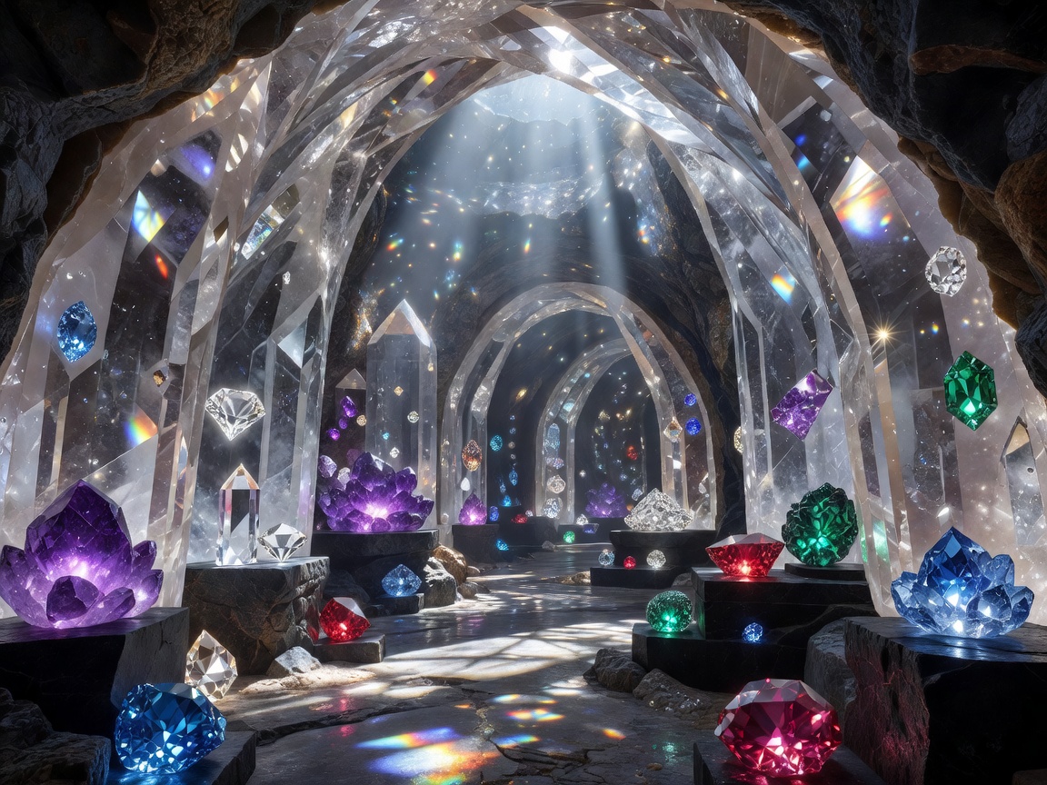 A magnificent crystal vault showcasing rare glowing gemstone displays and precision-cut crystals